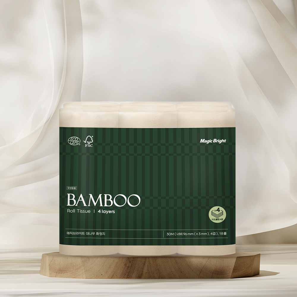 BAMBOO 4겹 대나무휴지 먼지없는 뱀부 화장지 물에잘녹는 무형광 30m, 18롤, 1팩 - 상품 이미지