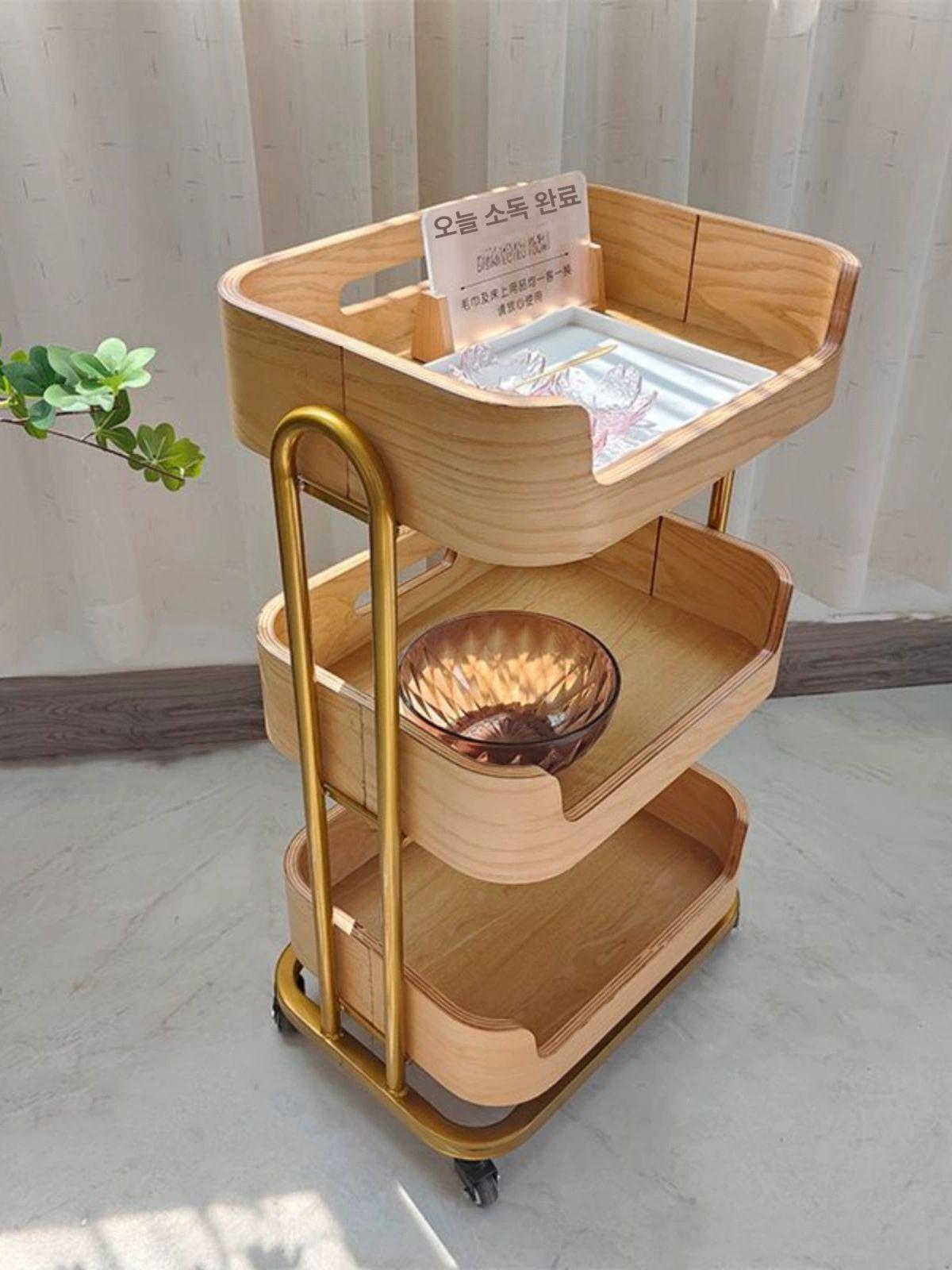 원목 트롤리 다용도 서빙 소품 미용실 업소용 바퀴 달린 내추럴우드 공식 표준 구성 50x38x82cm - 상품 이미지