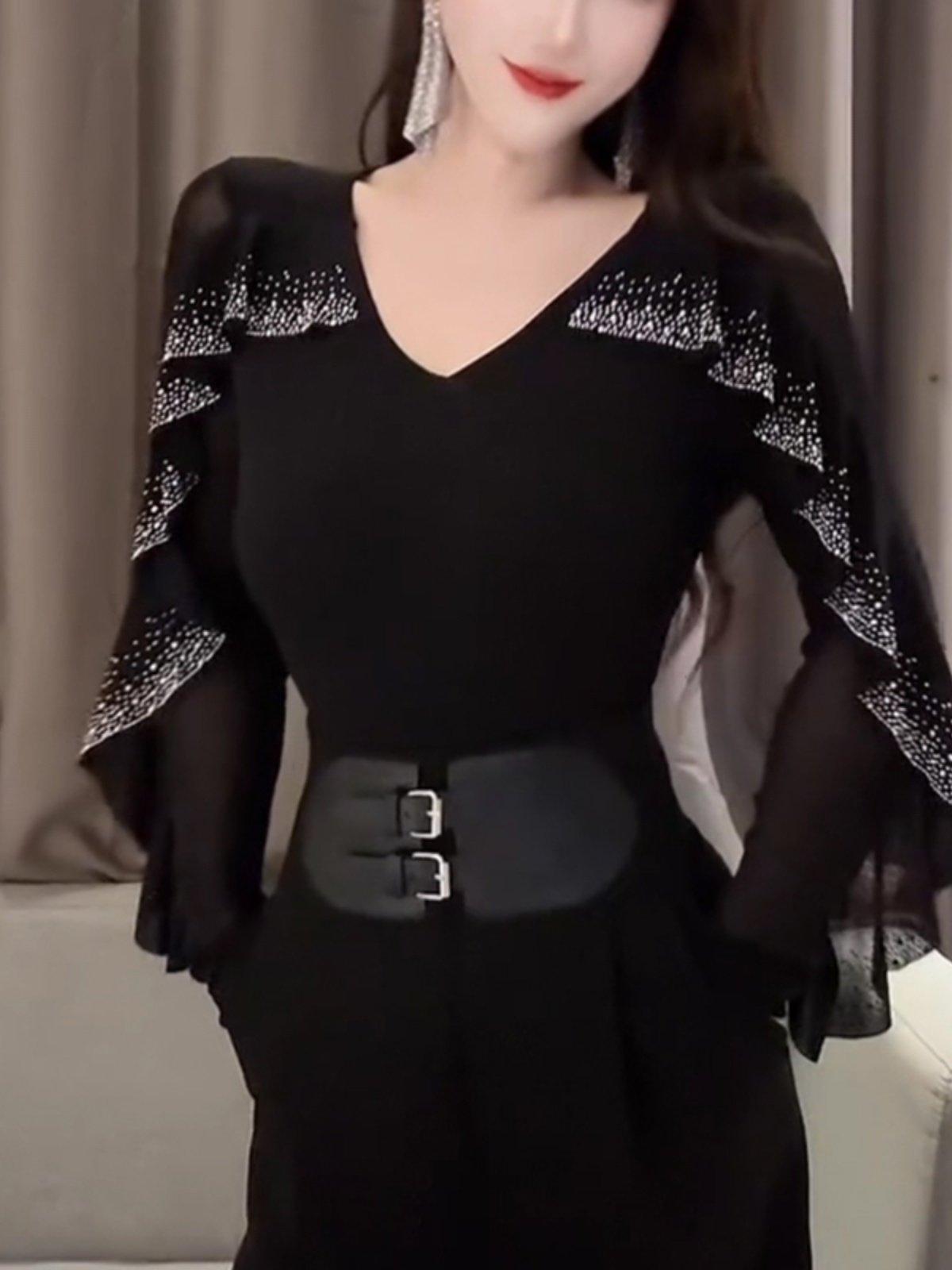 여성 상의 프릴 장식 무대용 댄스티 라틴댄스 스팽글 블랙 m 42.5-52.0kg - 상세 이미지 2