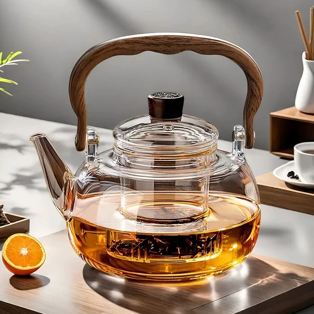 우드 내열 유리 티포트 주전자 A A. 1L 이상, A. 무허 손잡이 찻주전자 1000ml - 상품 이미지