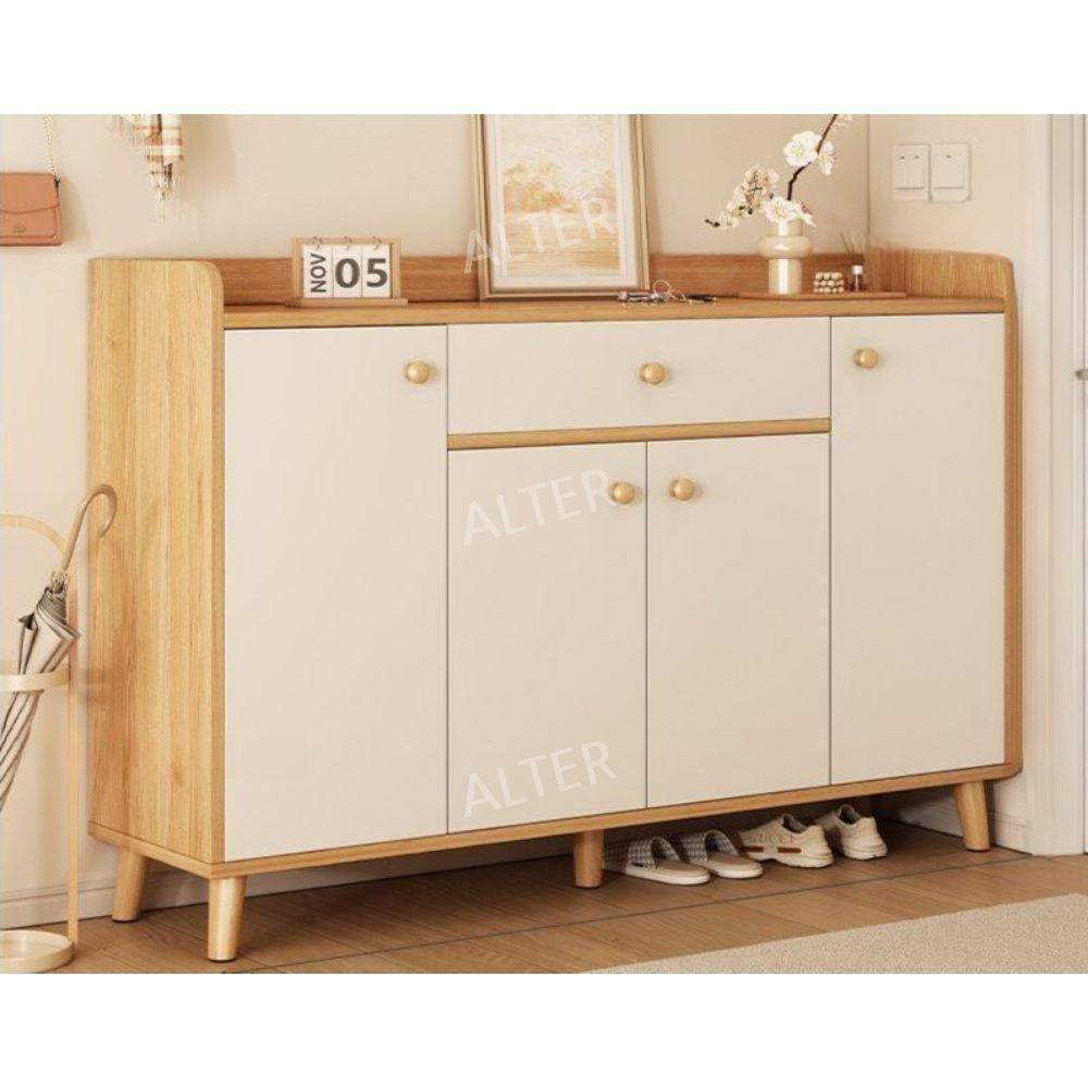 현관 입구 신발장 가정 원룸 정리대 거실 수납장 좁은공간 우드 화이트 4문5단140x32x85cm - 상품 이미지