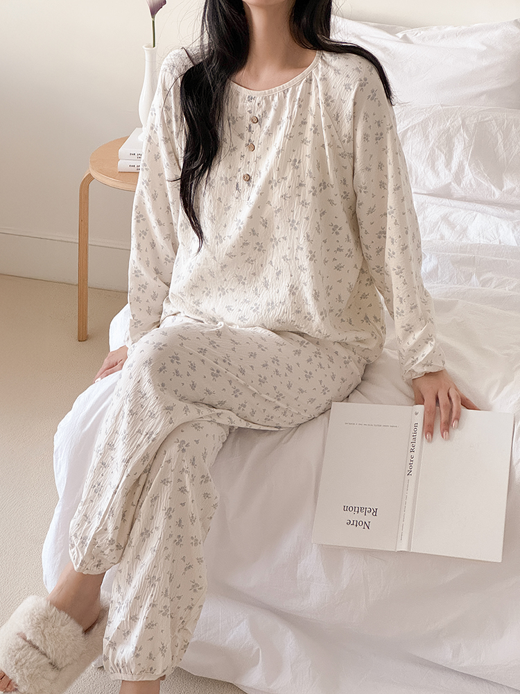 허브 블루 잔꽃 플라워 시보리 라운드넥 여자 잠옷세트 - 상품 이미지