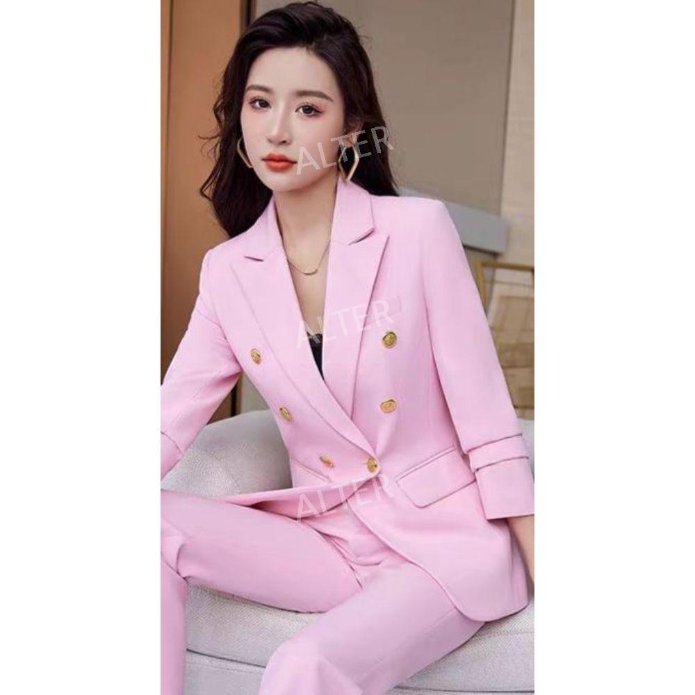 여성 핫핑크 바지 공연 행사 의상 금단추 더블 자켓 세트 정장 핑크 긴팔+부츠컷 S - 상품 이미지