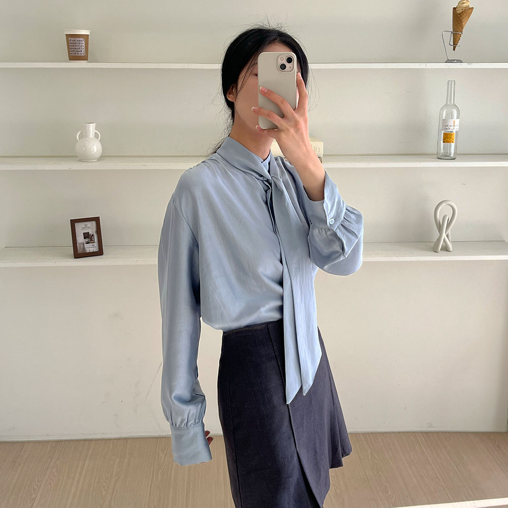 하이넥블라우스 하객 스카프 새틴 타이블라우스 소라, FREE(One size) 이미지 6