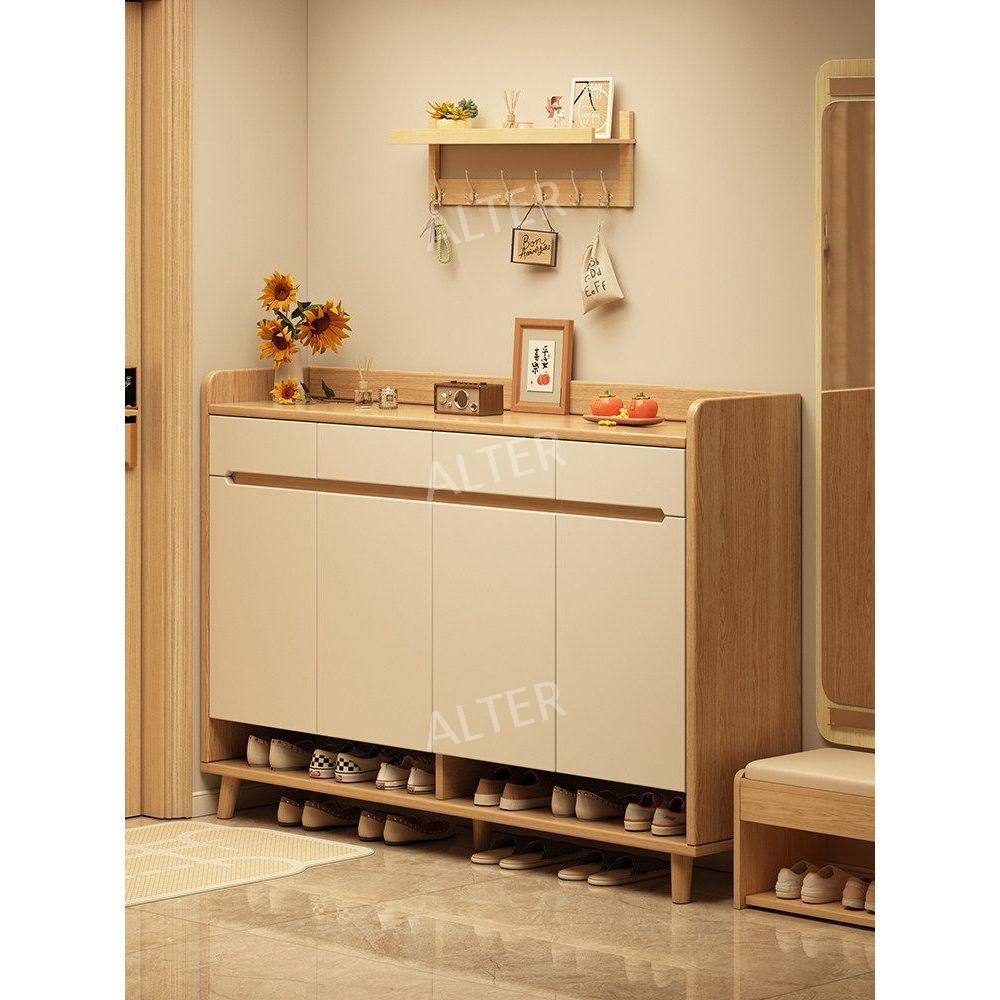 현관 입구 신발장 가정 원룸 정리대 거실 수납장 좁은공간 우드 화이트 4문5단140x32x85cm - 상세 이미지 3