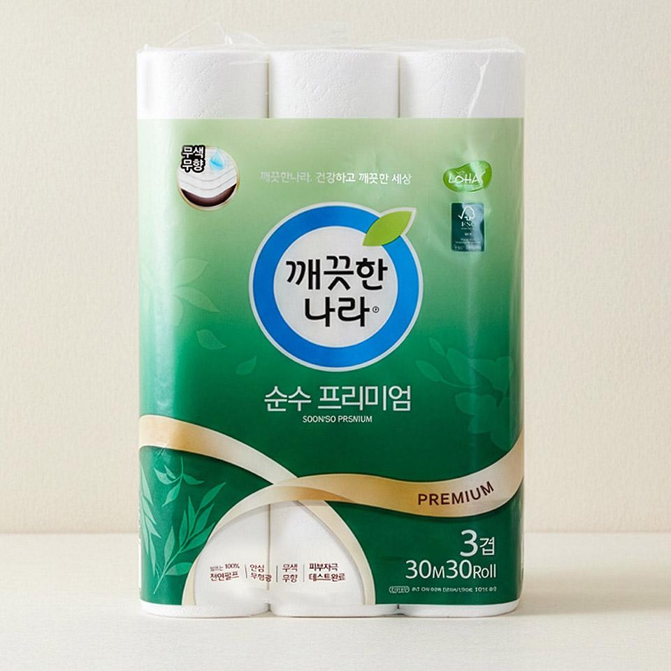 메가마트 깨끗한나라 3겹 데코 순수프리미엄 화장지 30mx30롤 제품 이미지