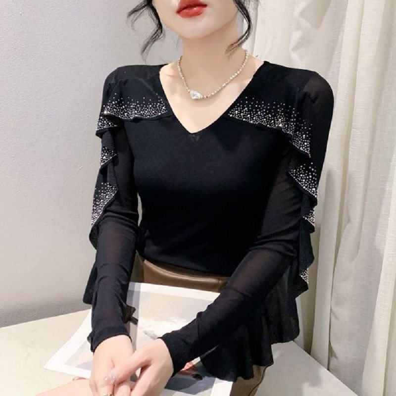 라틴댄스복 라인 스포츠댄스 긴팔 브이넥 우아한 망사 겹프릴 소매 화려한 큐빅 스톤 반짝이 - 상품 이미지