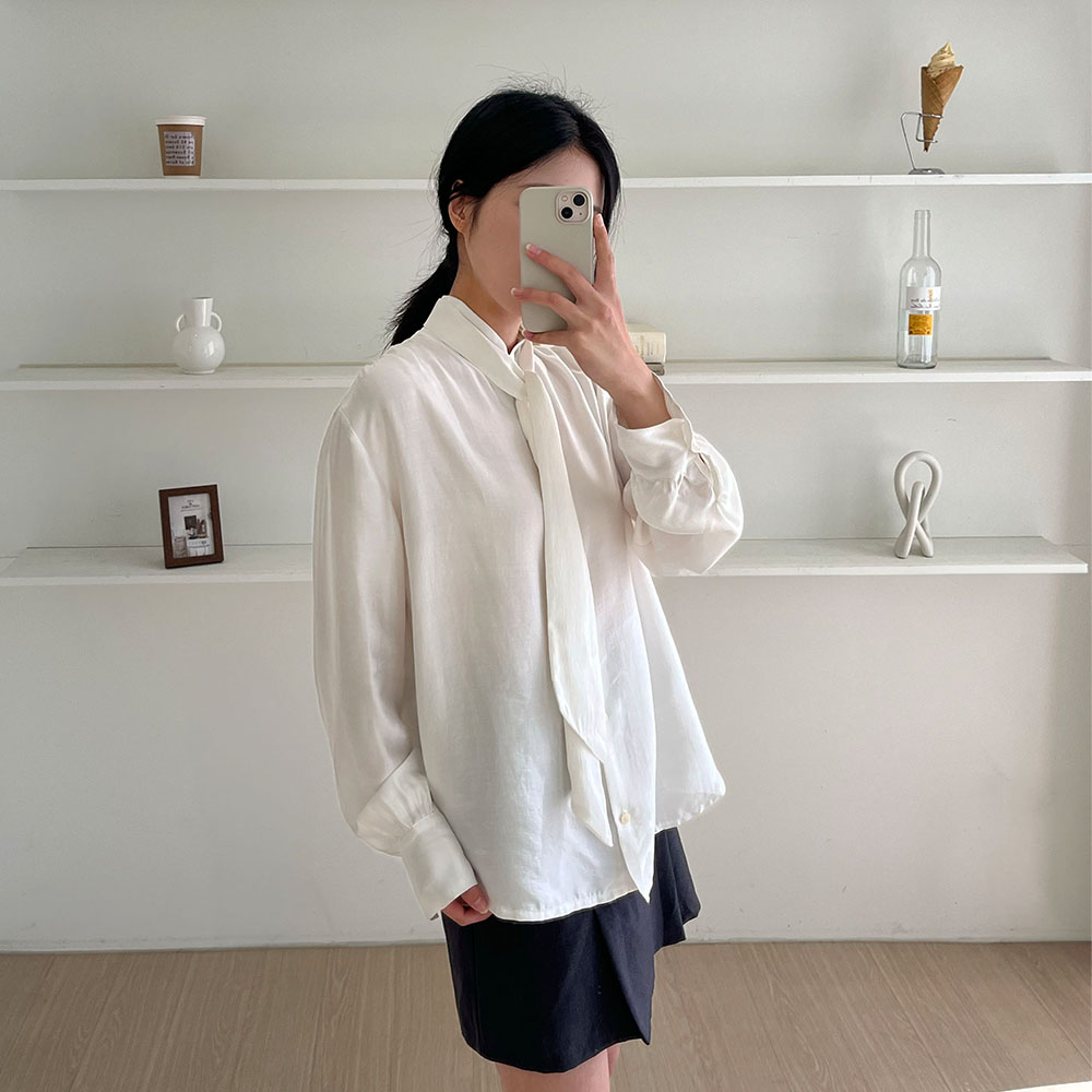 하이넥블라우스 하객 스카프 새틴 타이블라우스 아이보리, FREE(One size) - 상세 이미지 3