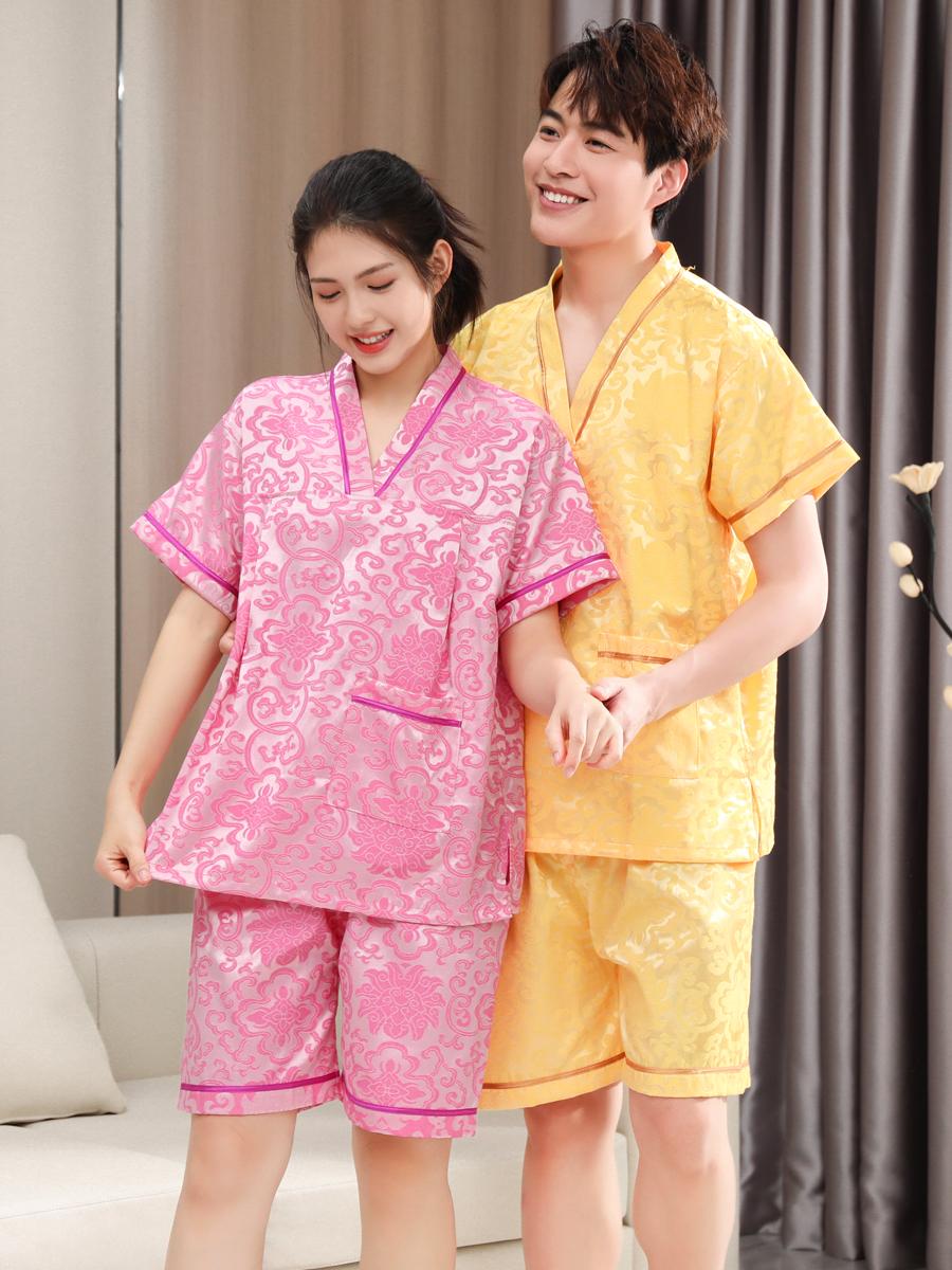 찜질복 세트 업소용 마사지 여성용 사우나옷 찜질방 반팔 핑크 플로럴 여성용 여성50.0 60.0kg 남성70.0 - 상품 이미지