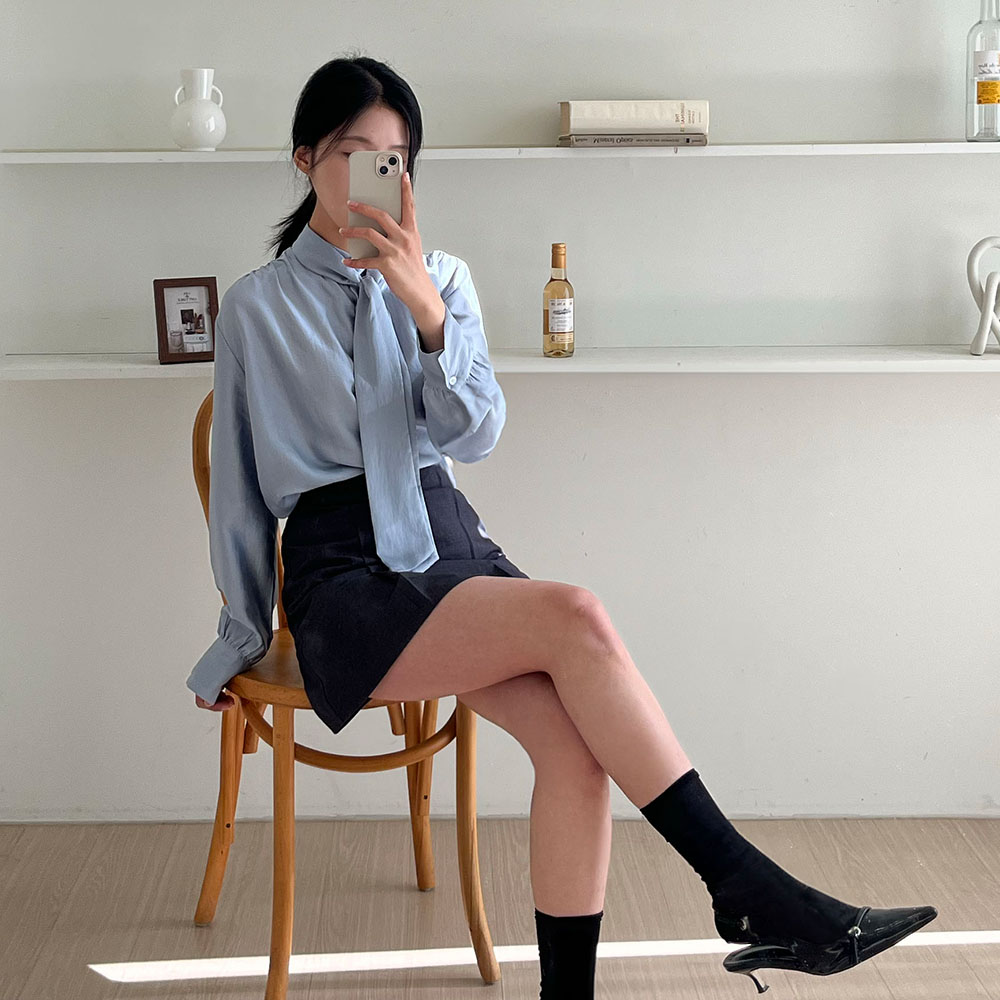 하이넥블라우스 하객 스카프 새틴 타이블라우스 소라, FREE(One size) - 상세 이미지 4