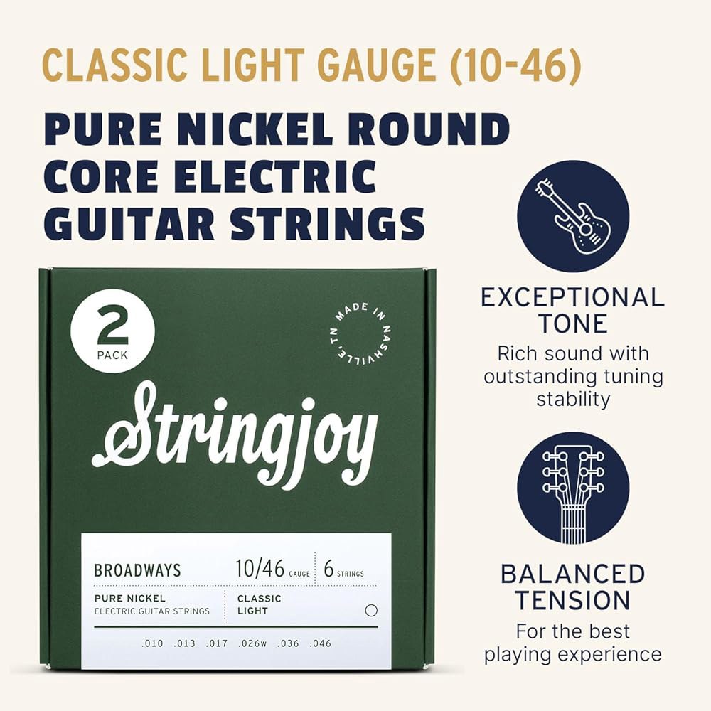 Stringjoy BR1046 브로드웨이즈 일렉트릭 퓨어 니켈 기타 줄, 10-46 클래식 라이트 게이지, 내구성, 향상된 음색과 부드러운 연주를 위한 줄 6개 세트, 2팩 - 상세 이미지 2