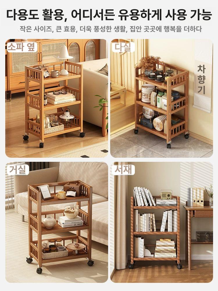 원목트롤리 우드 3단 서빙 웨건 이동식카트 트레이 2단 티 바퀴 포함 3단 간단 50cm A - 상세 이미지 3