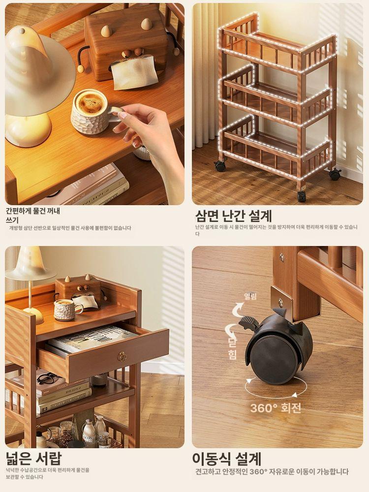 원목트롤리 우드 3단 서빙 웨건 이동식카트 트레이 2단 티 바퀴 포함 3단 간단 50cm A - 상세 이미지 4