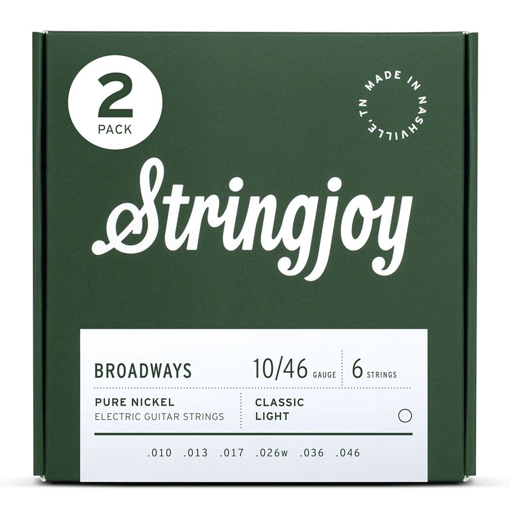 Stringjoy BR1046 브로드웨이즈 일렉트릭 퓨어 니켈 기타 줄, 10-46 클래식 라이트 게이지, 내구성, 향상된 음색과 부드러운 연주를 위한 줄 6개 세트, 2팩 - 상품 이미지