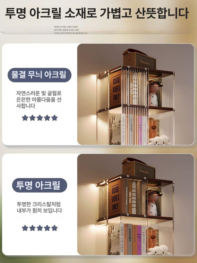 이동식 아크릴 회전책장 투명 코너 원형 블랙 서재 물결무늬 투명 4단 다크 월넛 - 상세 이미지 3