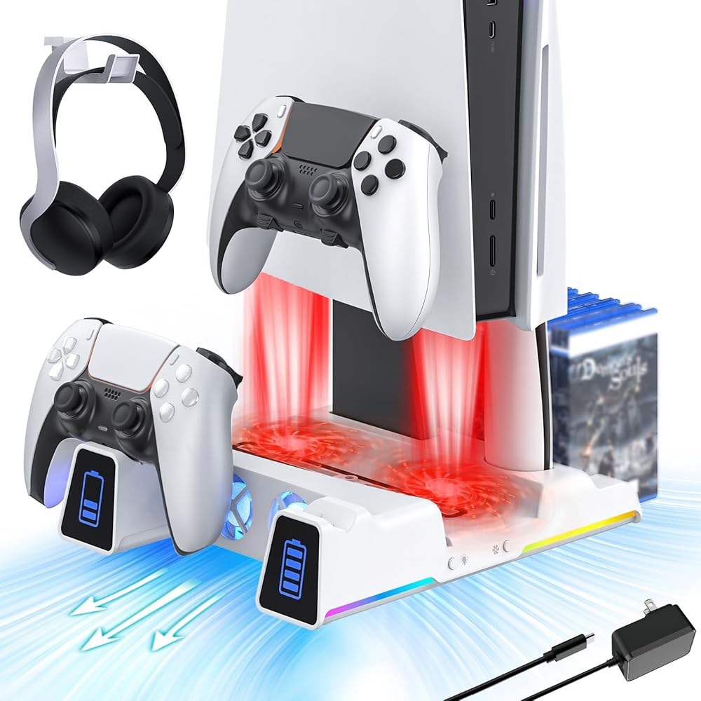 NexiGo 슬림 냉각 스탠드(RGB LED 조명 포함), 듀얼 센스 엣지 컨트롤러와 호환되는 충전 스테이션, 하드 드라이브 슬롯, 헤드셋 및 리모컨, 10개의 게임 흰색 - 상품 이미지