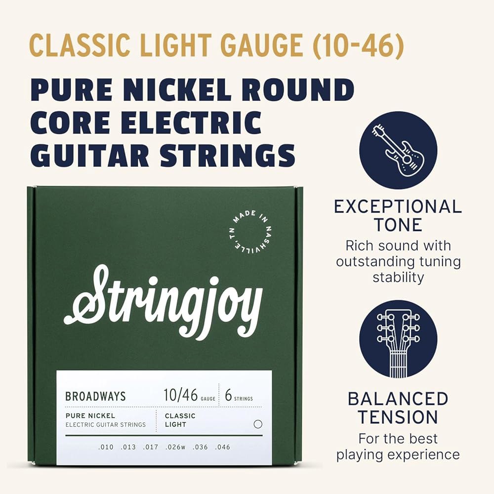 Stringjoy BR1046 브로드웨이즈 일렉트릭 퓨어 니켈 기타 줄, 10-46 클래식 라이트 게이지, 내구성, 향상된 음색과 부드러운 연주를 위한 줄 6개 세트 - 상세 이미지 2