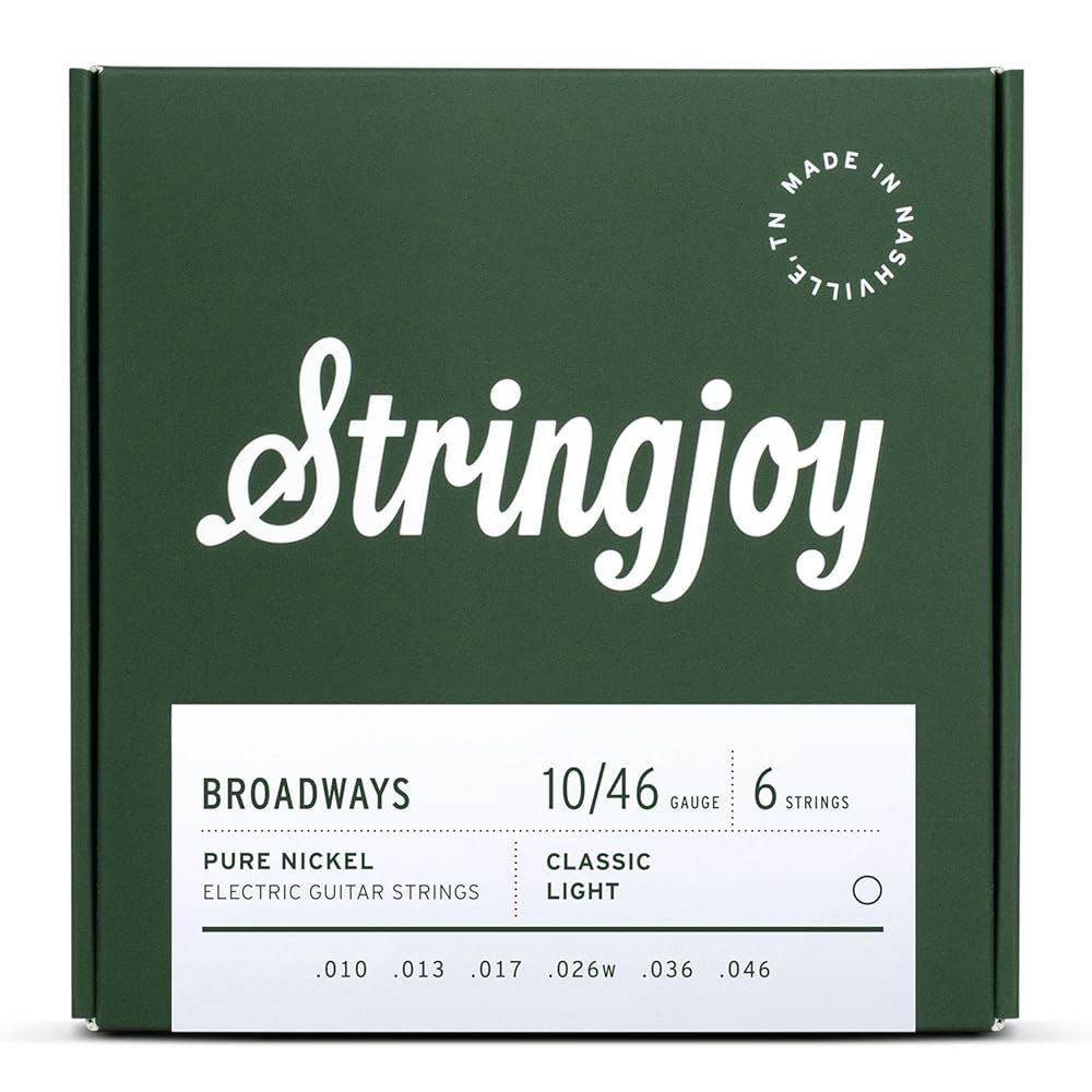 Stringjoy BR1046 브로드웨이즈 일렉트릭 퓨어 니켈 기타 줄, 10-46 클래식 라이트 게이지, 내구성, 향상된 음색과 부드러운 연주를 위한 줄 6개 세트 - 상품 이미지