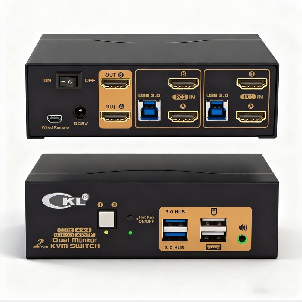 CKL 2 포트 USB 3.0 모니터 마우스 비디오 922HUA-3, 2대에 주변 2대, KVM 4K 듀얼 HDMI 있는 60Hz, 수 스위치 포함 키보드 컴퓨터 장치 오디어 사용 - 상품 이미지