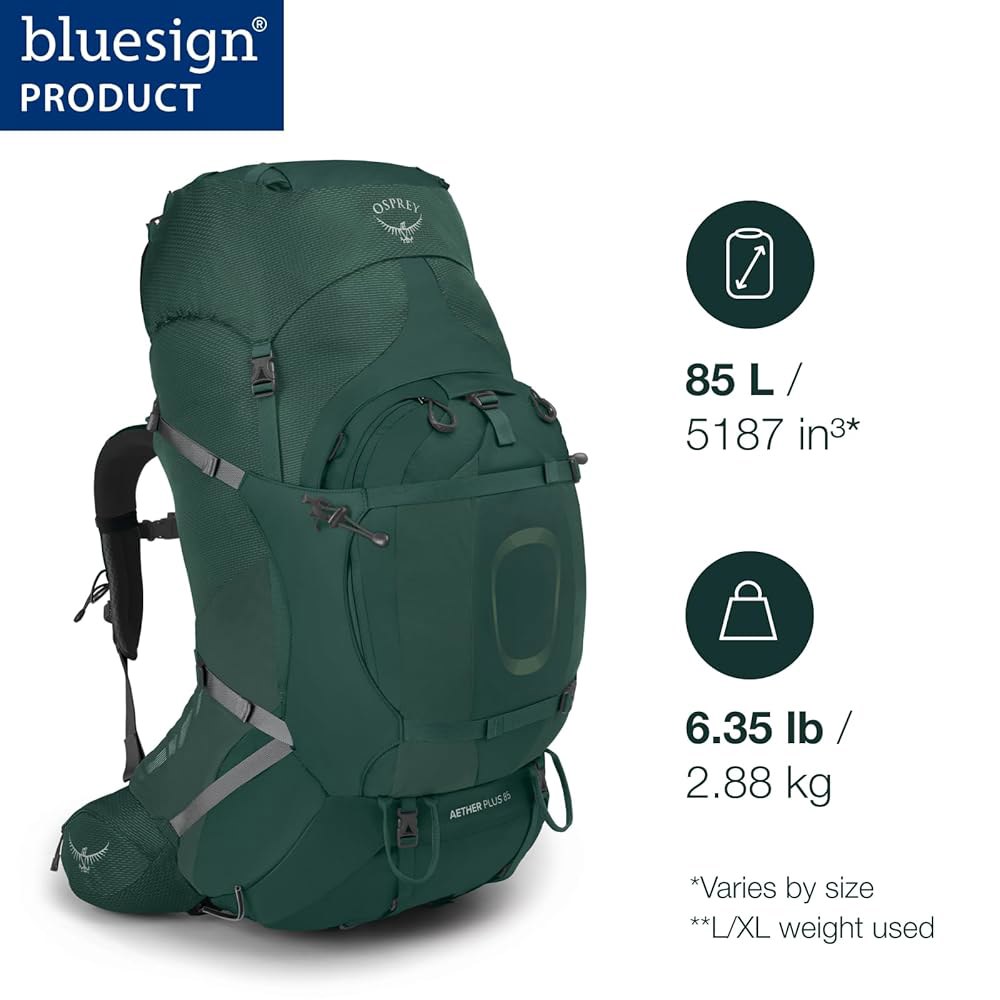 오스프리 에테르 플러스 85L 남성 백팩, 블랙, S/M Small-Medium Axo Green - 상세 이미지 3