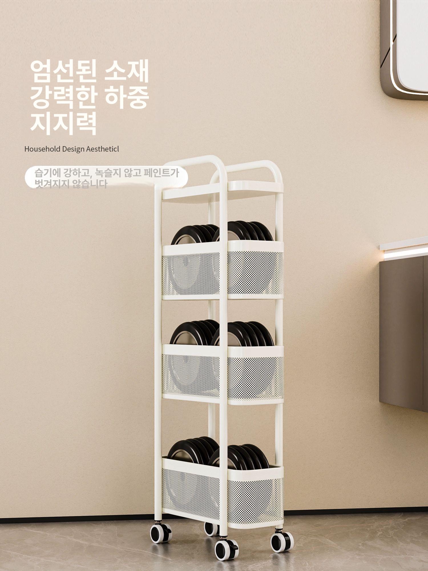 틈새 수납선반 서랍형 이동식 철제 바퀴 달린 트롤리 틈새 카트 사각튜브4단크림화이트 - 상세 이미지 3