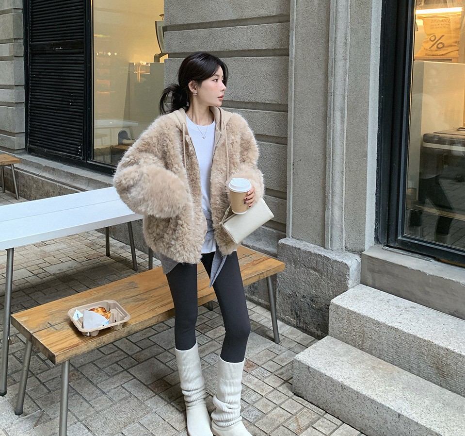 ibell 양털자켓 페이크퍼 후드 퍼자켓 - 상품 이미지