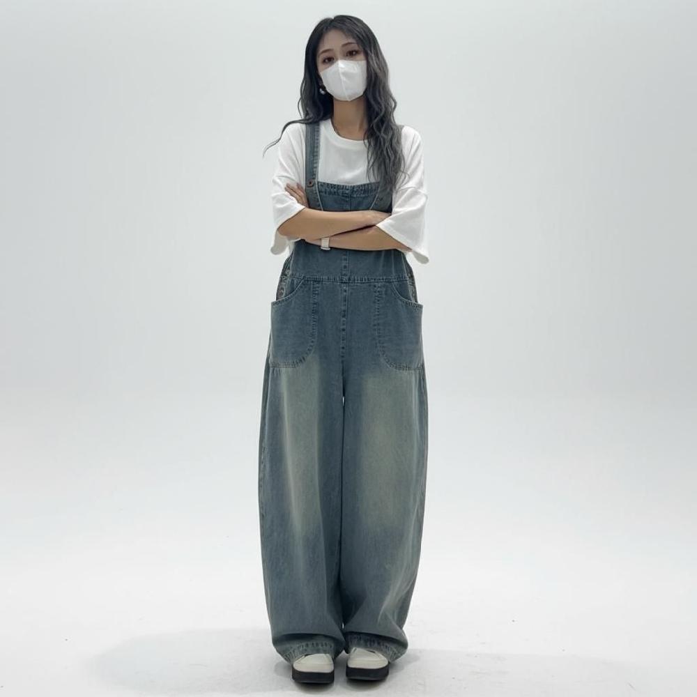 와이드 데님 멜빵바지 오버롤 팬츠 빈티지 점프수트 빅사이즈 임부복 bying24 - 상품 이미지