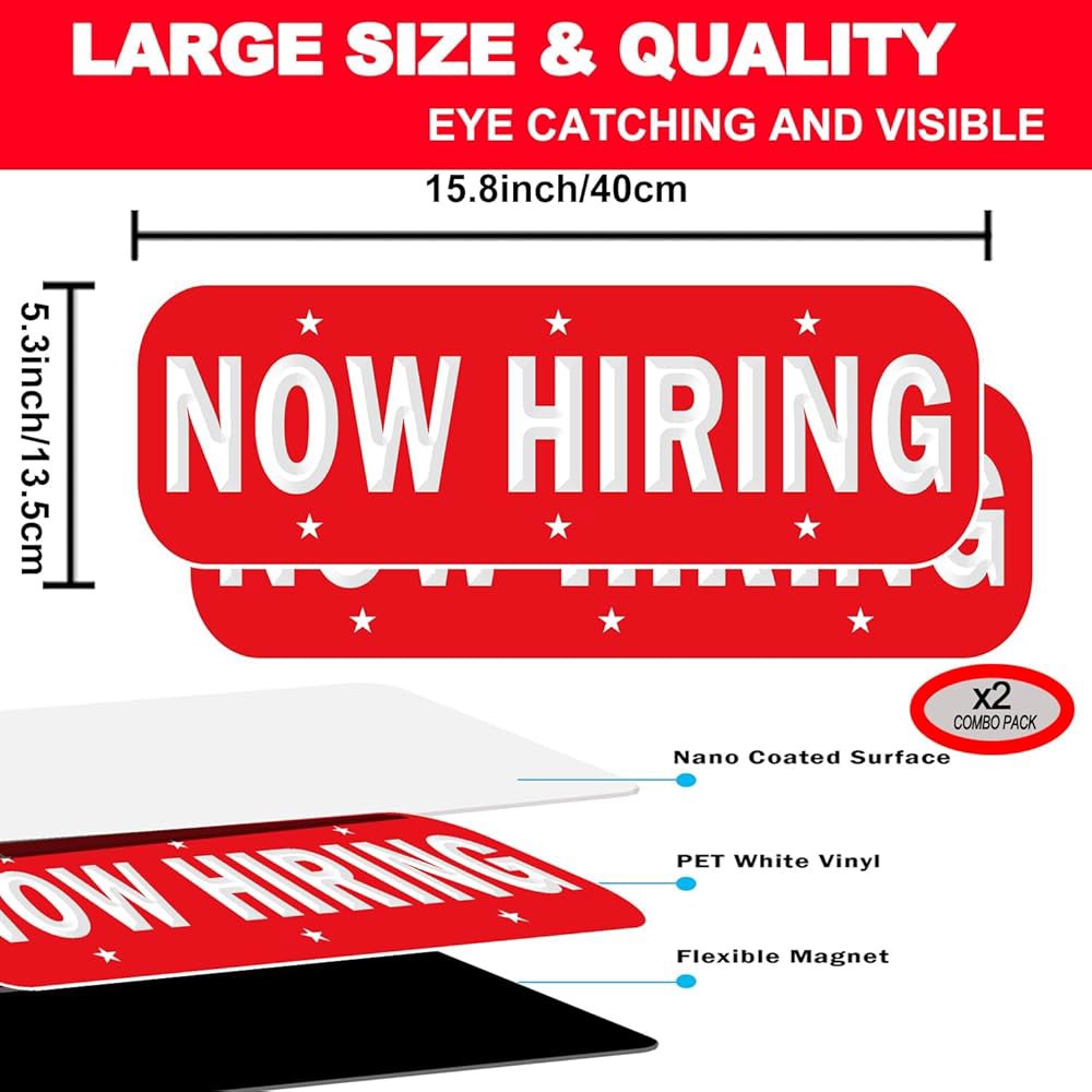 Now Hiring 자동차 자석, 트럭용 (Red-Now 고용 반사 차량 재사용 가능한 x 표지판, Hiring-2팩) 광고 강한 튼튼한 39.9 5.3인치) 13.5cm(15.7 - 상세 이미지 3