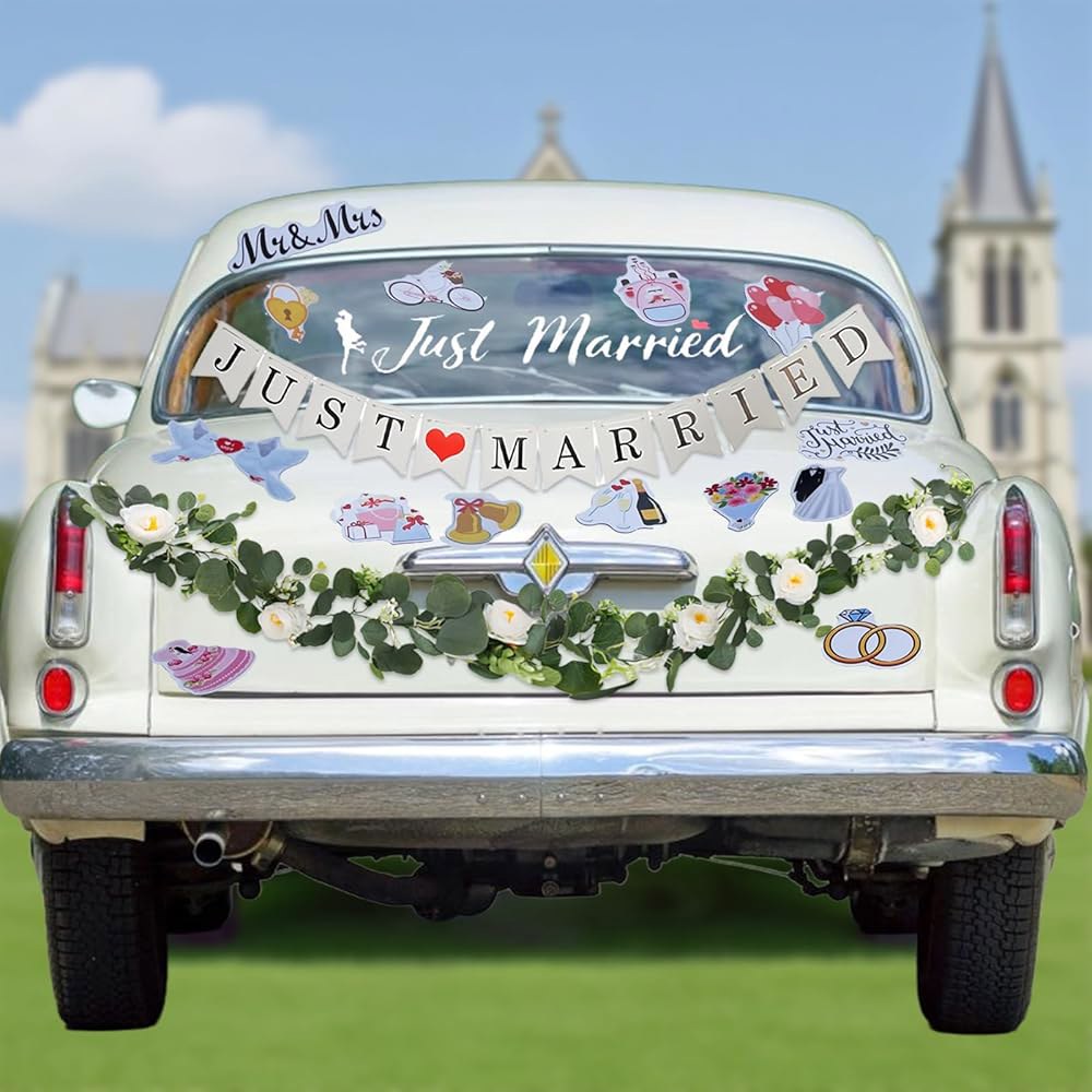 17피스 Just Married 자동차 장식 덩굴 웨딩 사인 샤워 꽃무늬 Clling 세트 허니문 사진 14개의 데칼 Window 배너 자석 소품 브라이덜 카드스톡 - 상품 이미지
