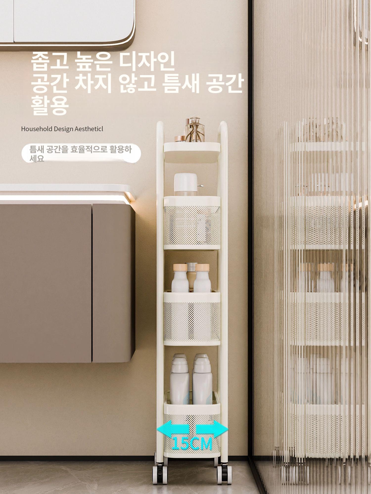 틈새 수납선반 서랍형 이동식 철제 바퀴 달린 트롤리 틈새 카트 사각튜브4단크림화이트 - 상세 이미지 2