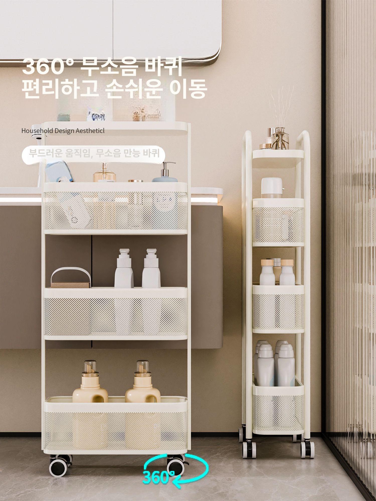 틈새 수납선반 서랍형 이동식 철제 바퀴 달린 트롤리 틈새 카트 사각튜브4단크림화이트 - 상세 이미지 4