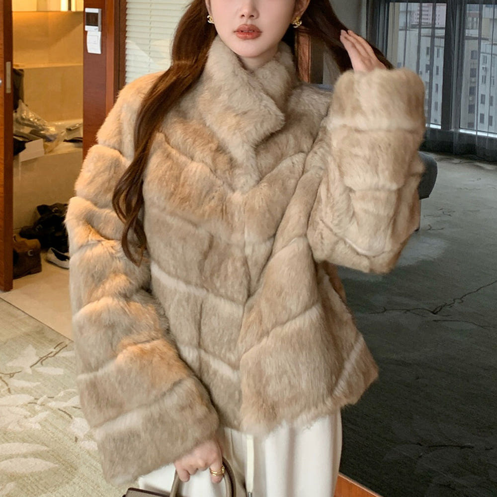 여성 천연모피 레빗퍼 코트 겨울 데일리 아우터 - 상품 이미지
