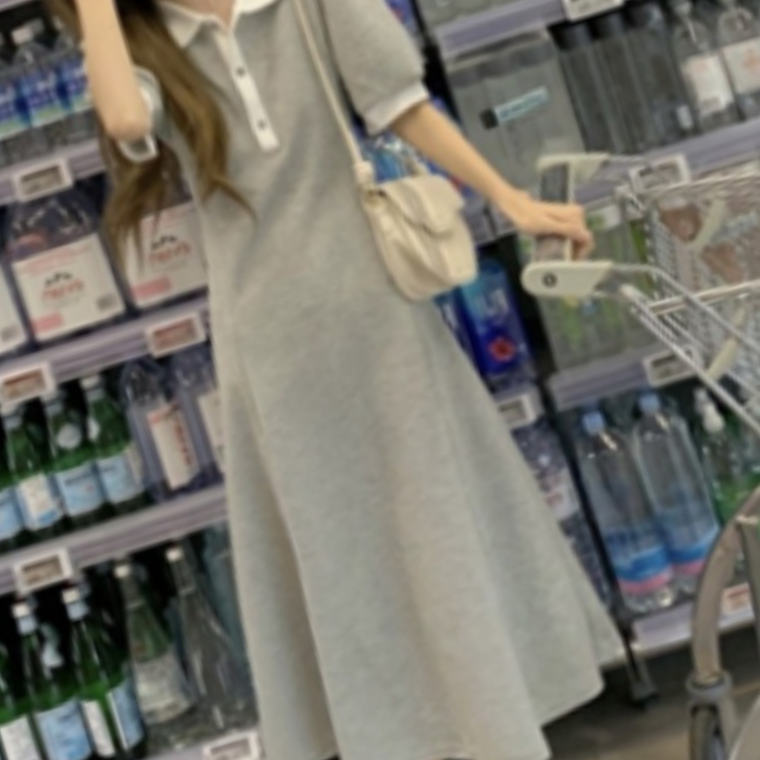 패셔너블 롱 배색카라 트렌디한캐주얼룩 세련된원피스 심플무드 반팔 30대여성 원피스 20대여성 데일리코디 - 상품 이미지