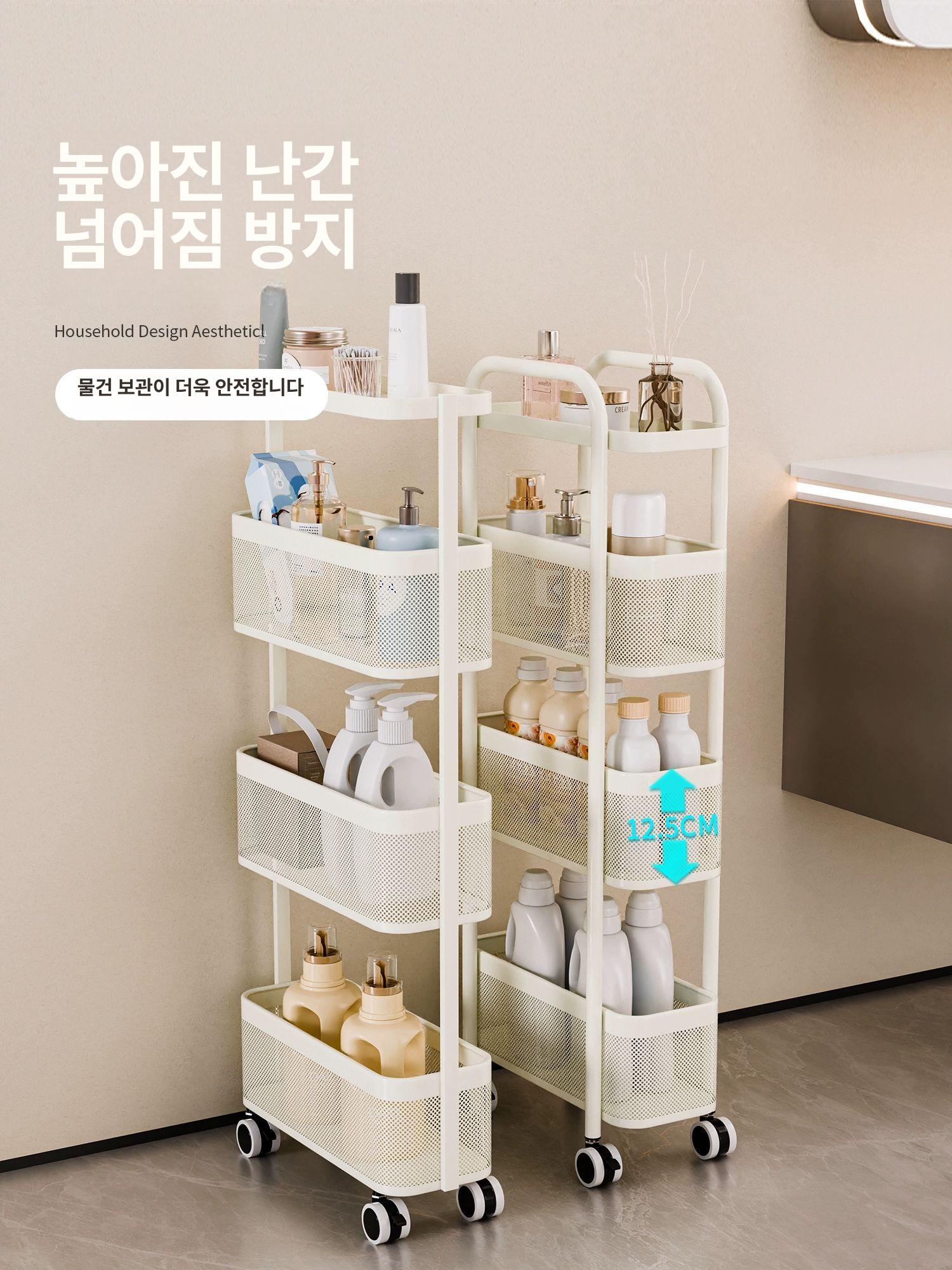 틈새 수납선반 서랍형 이동식 철제 바퀴 달린 트롤리 틈새 카트 사각튜브4단크림화이트 - 상세 이미지 5