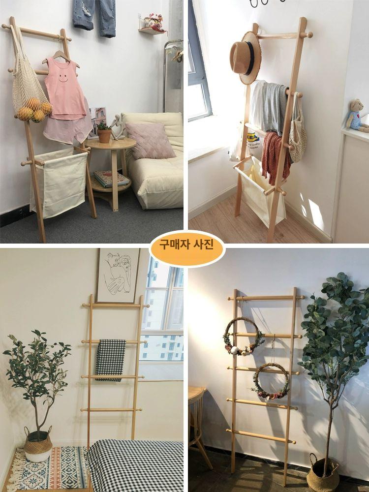 사다리형 선반장 카페 진열장 거실 선반 원목 침실 수납 비치우드 짧은 4단 패브릭 가방 포함 - 상세 이미지 4