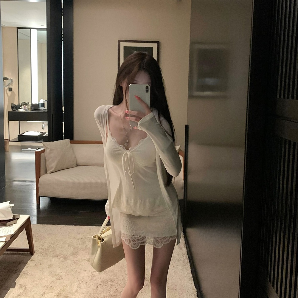 레이스 허리 조절 여성 끈나시 골지 미니원피스 시스루 긴팔 루즈핏 여름 가디건 세트 잠옷 - 상세 이미지 2