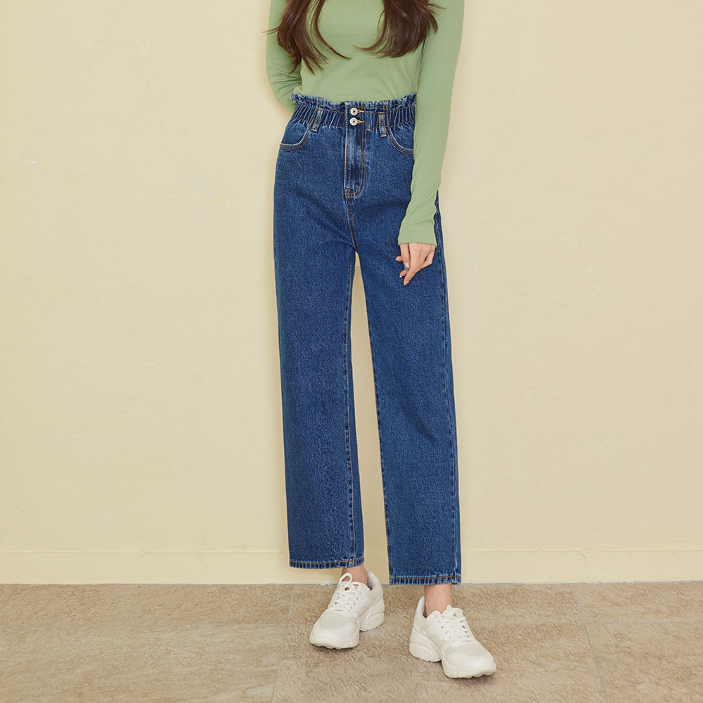 여성 빅사이즈 와이드 밴딩 청바지 투버튼 블루 데님 팬츠 진마니아 - 상세 이미지 2