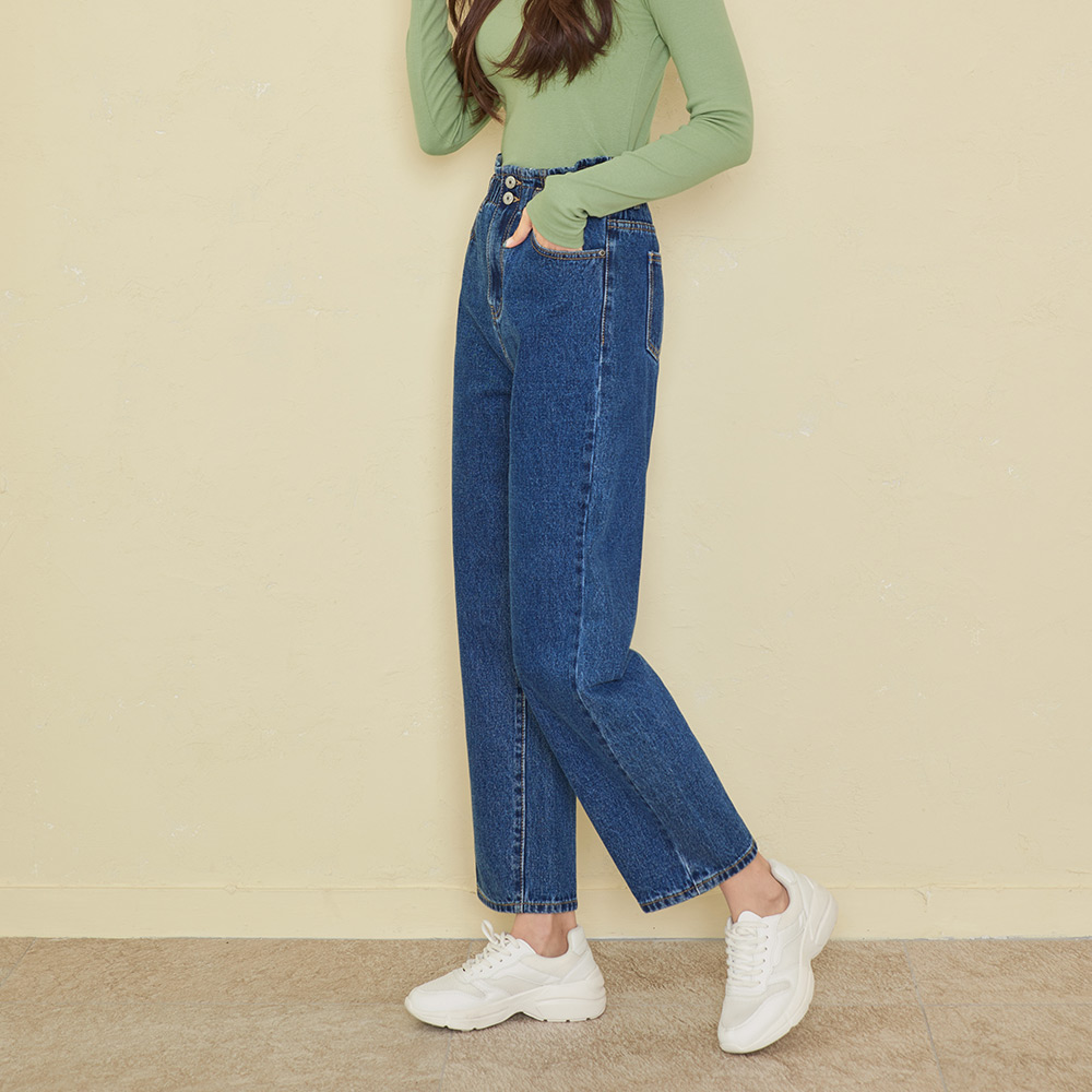 여성 빅사이즈 와이드 밴딩 청바지 투버튼 블루 데님 팬츠 진마니아 - 상세 이미지 3