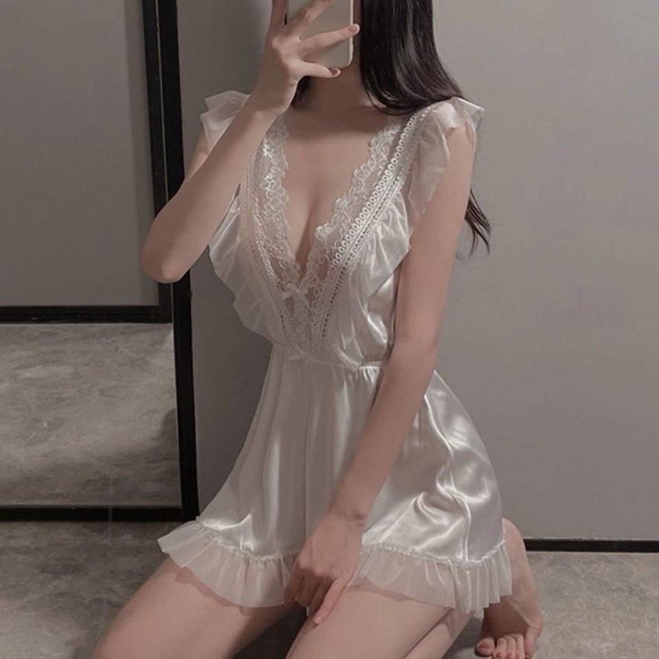 섹시 레이스 슬립 부드러운 실키 새틴 딥브이넥 프릴 러플소매 미니원피스 잠옷 홈웨어 - 상품 이미지