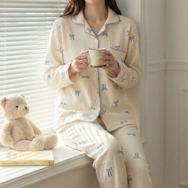 [M~XL]블루 리본 파자마세트 버터잠옷세트 홈웨어 제품 이미지