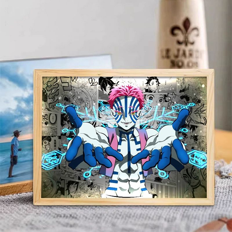 귀멸의 칼날 액자등 아카자 LED 라이트 그림 액자 무드등 선물 귀칼 거실 업소 장식 dywz-1 소형 17.7 x 24cm 우드 그레인 프레임 플러그인 표준 - 상세 이미지 4
