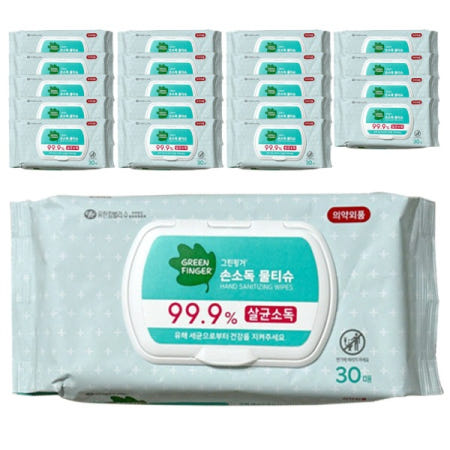 그린핑거 99.9% 손소독 물티슈 휴대용 캡형 30매 20팩