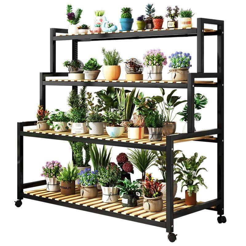 화분 정리대 이동식 화분정리대 가정용 꽃집 진열대 선반 난죽 + 블랙 프레임 바퀴 4단 80cm - 상세 이미지 5