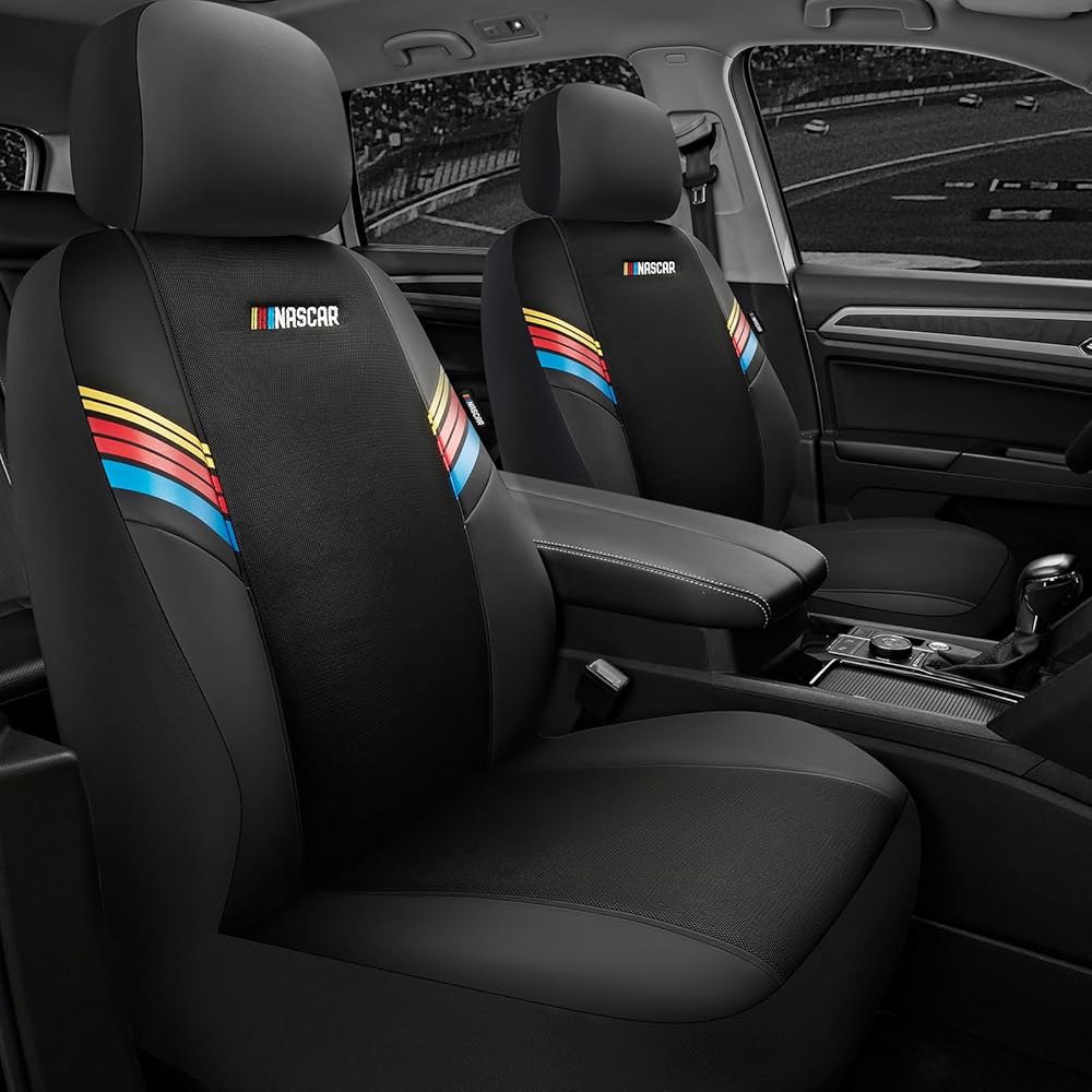 NASCAR 카시트 커버, 블랙 가죽 메시 트럭 내구성 시트 SUV용 자동차용 호환 레이싱에서 앞좌석 자동차 및 디자인의 영감을 범용 내부 받은 있는 에어백 핏 자동차, Black - 상품 이미지