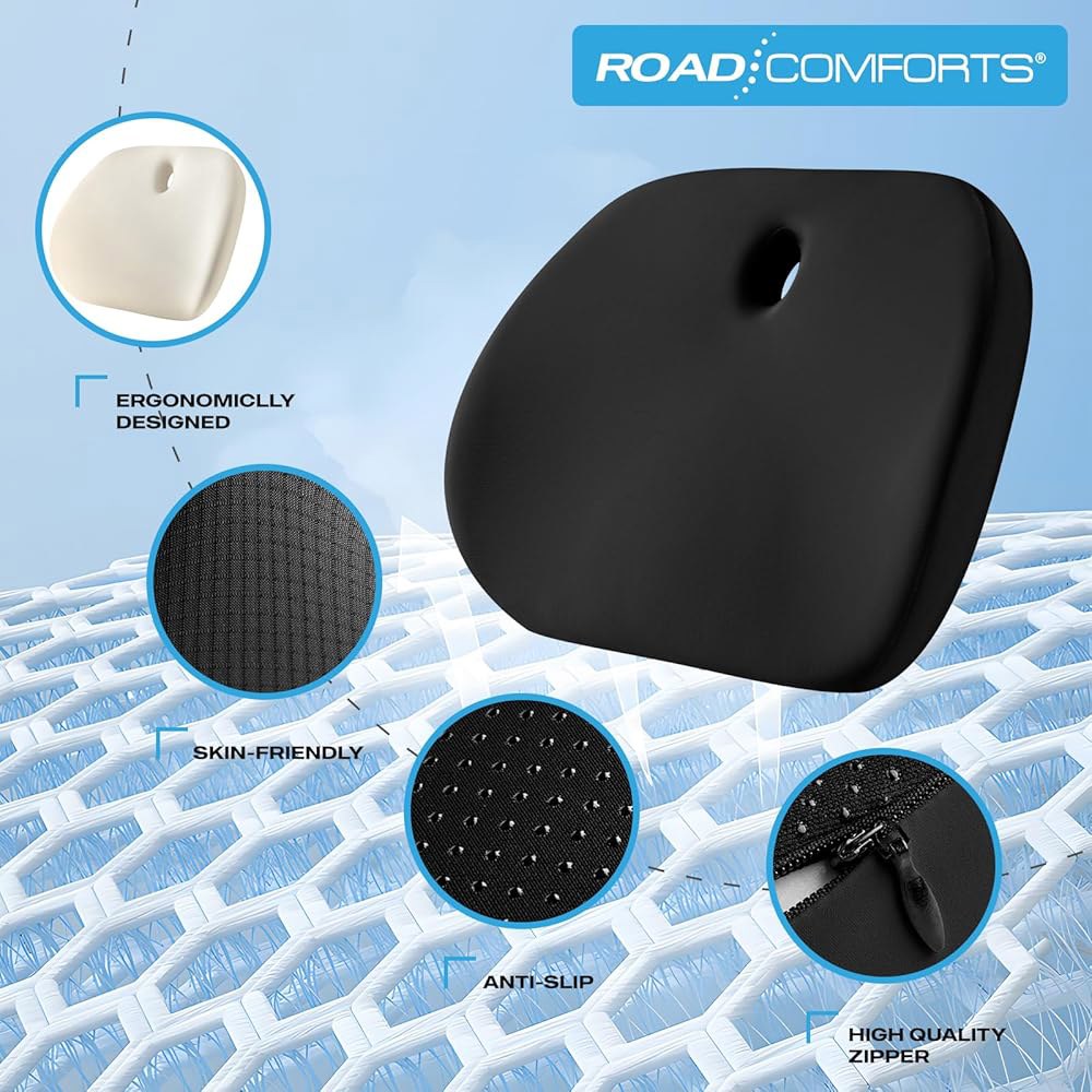 Road Comforts 프리미엄 메모리 폼 책상용 등 쿠션, 완화를 및 시트 통증 사무실 (블랙) 의자 위한 좌골 쿠션 - 신경통 자동차 Black - 상세 이미지 3