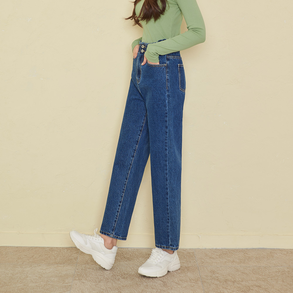 여성 빅사이즈 와이드 밴딩 청바지 투버튼 블루 데님 팬츠 진마니아 - 상세 이미지 4