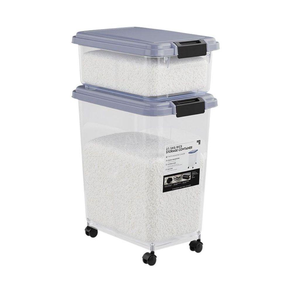 쌀통 밀가루통 원터치 이동식 고급 업소용 스테인리스 밀폐 회색 30kg/25kg 세트 - 상품 이미지