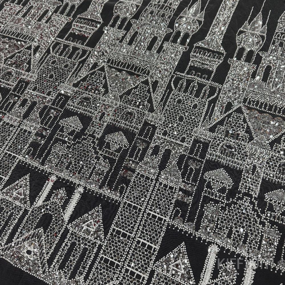 스팽글 성 자수 레이스 원단 배경 천 에우셉 캐슬 1개(너비 약 32cm  비즈 높이 약