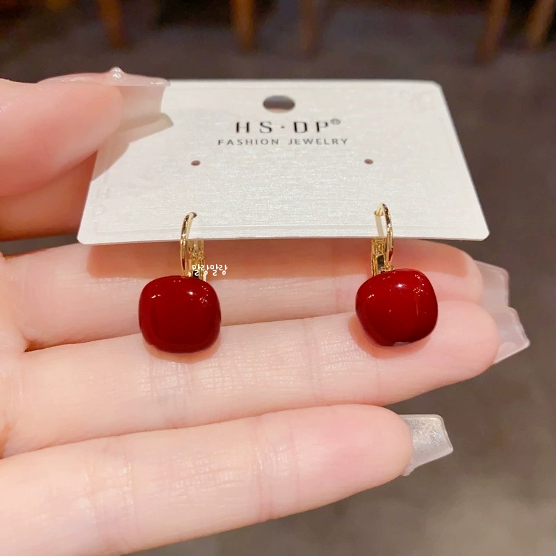 심플 큐브 비즈 드롭 14K 골드 원터치 링 귀걸이 - 상세 이미지 4