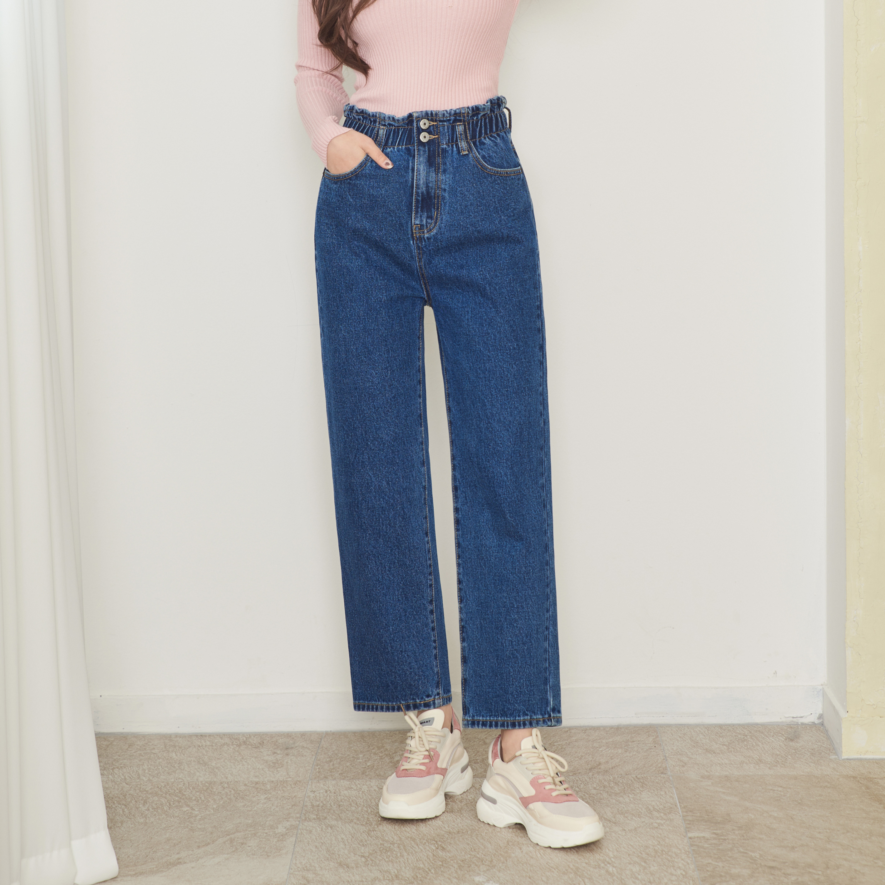 여성 빅사이즈 와이드 밴딩 청바지 투버튼 블루 데님 팬츠 진마니아 - 상품 이미지